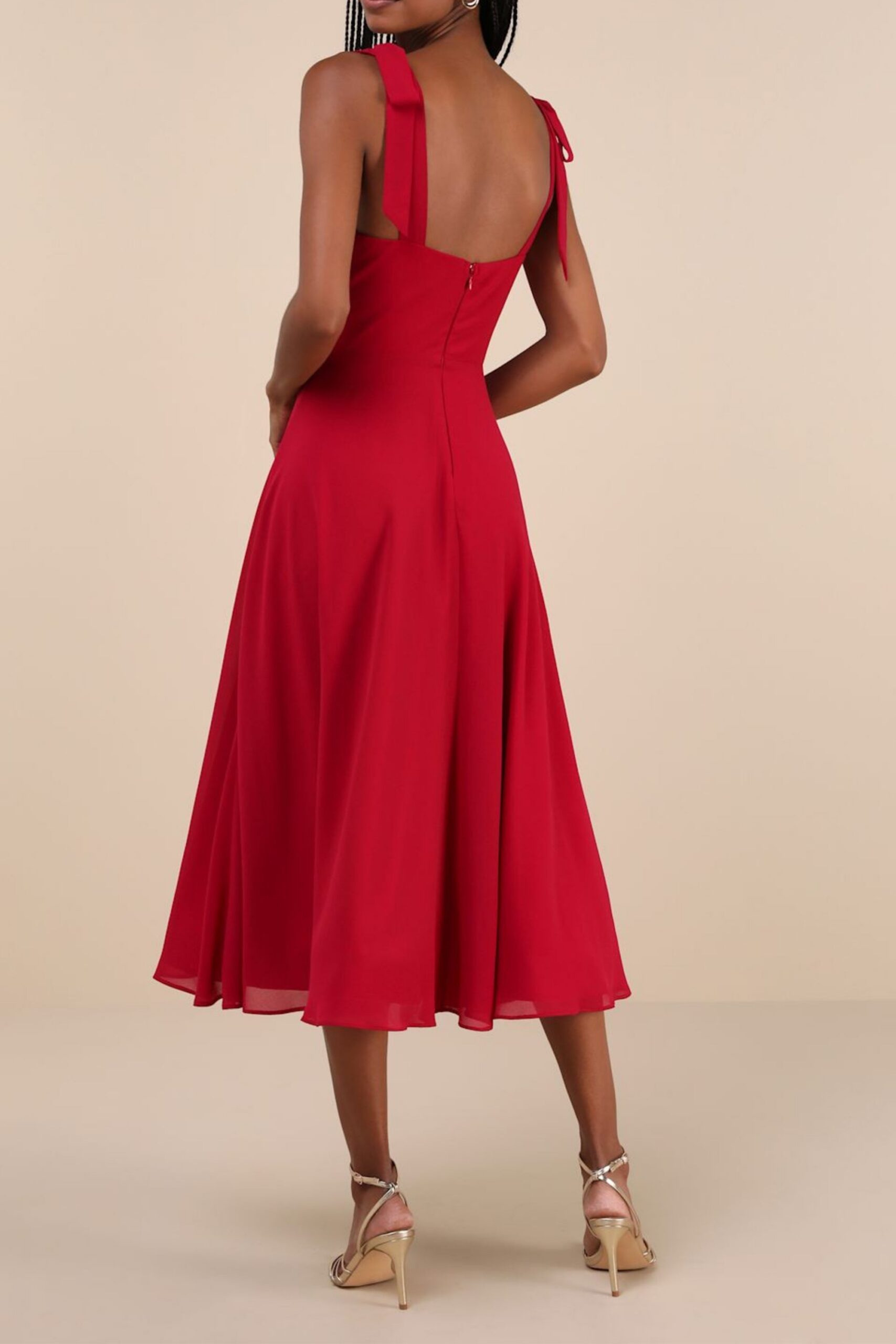 BERRY RED TIE-STRAP A-LINE MIDI DRESS