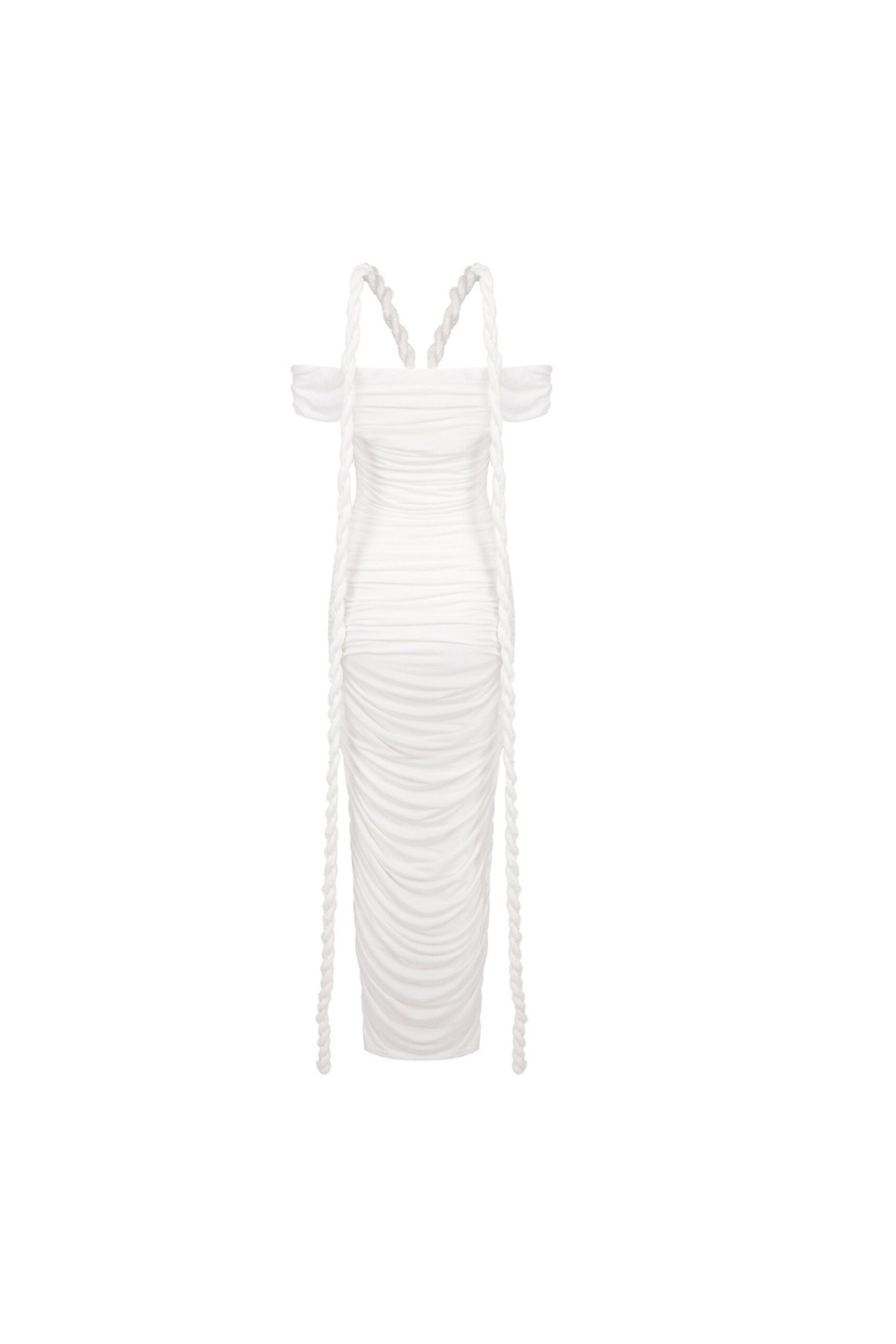 WHITE OFF SHOULDER BANDAGE MAXI DRESS