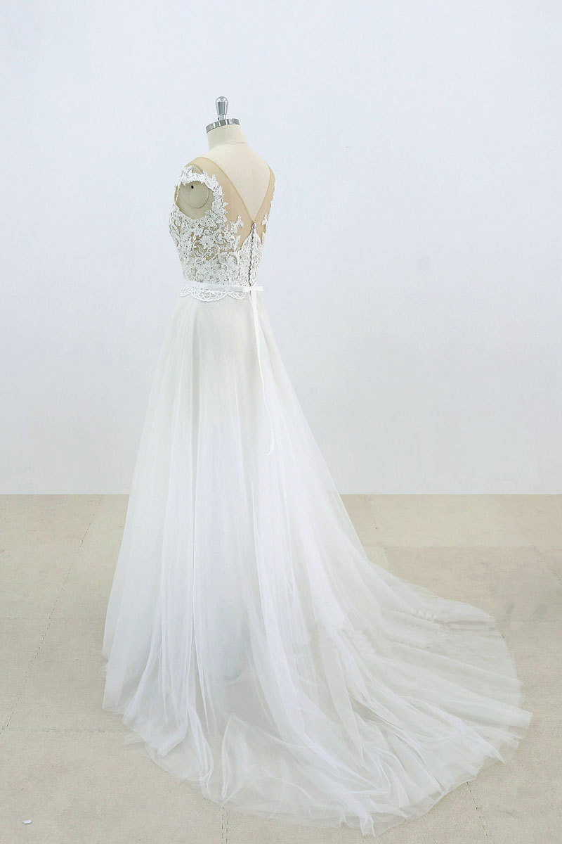 WHITE LACE TULLE PROM GOWN A-LINE