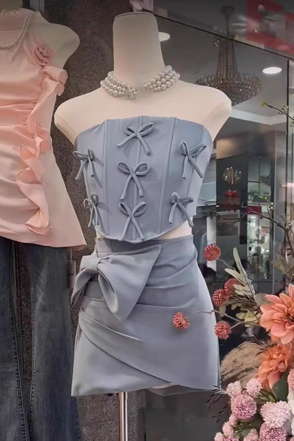 BOW EMBELLISHED BLUE TWO-PIECE SET FOR PARTIES