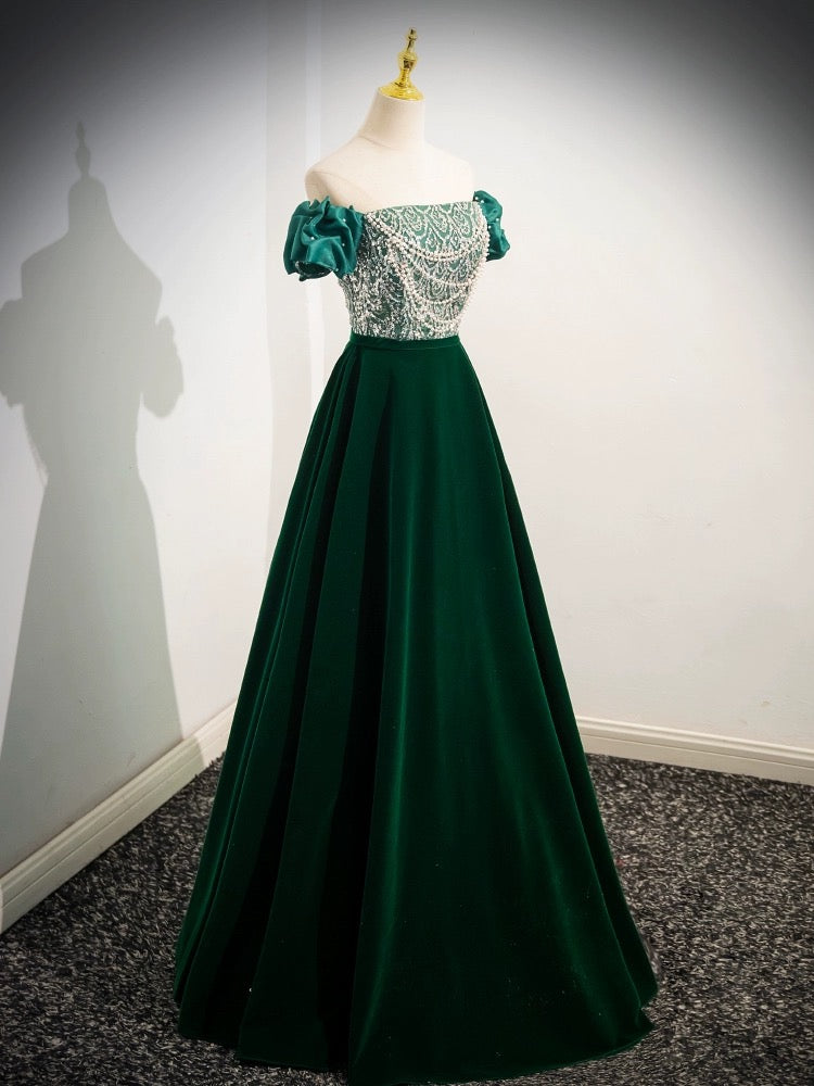 A-LINE VELVET SEQUIN GREEN COCKTAIL DRESS