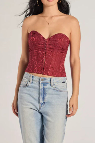 BURGUNDY BROCADE SATIN STRAPLESS CORSET TOP FOR PARTY