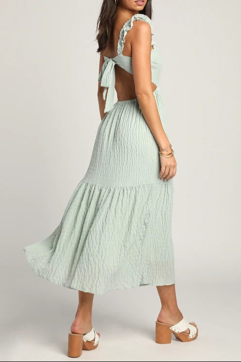 MINT SMOCKED MIDI DRESS WITH TIERED BACK