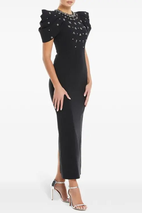 ROXANNE BLACK BODYCON GOWN CRYSTAL EVENING