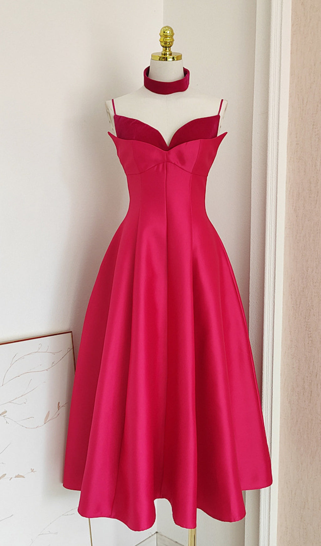 PATCHWORK ROSE RED MIDI DRESS FOR PARTIES