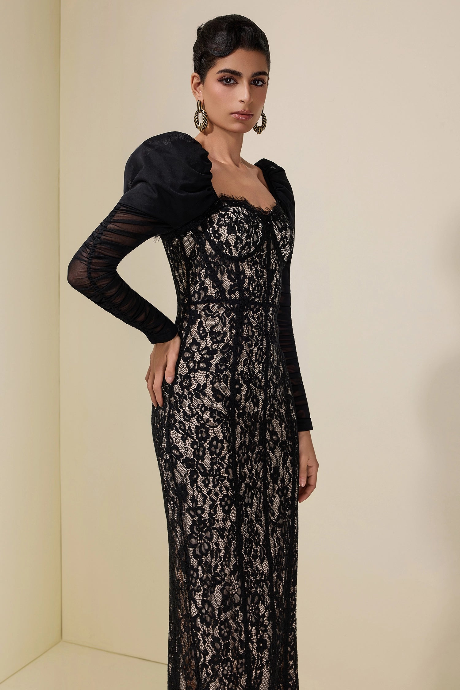 WENDY LACE MESH PUFF SLEEVE MIDI DRESS BLACK