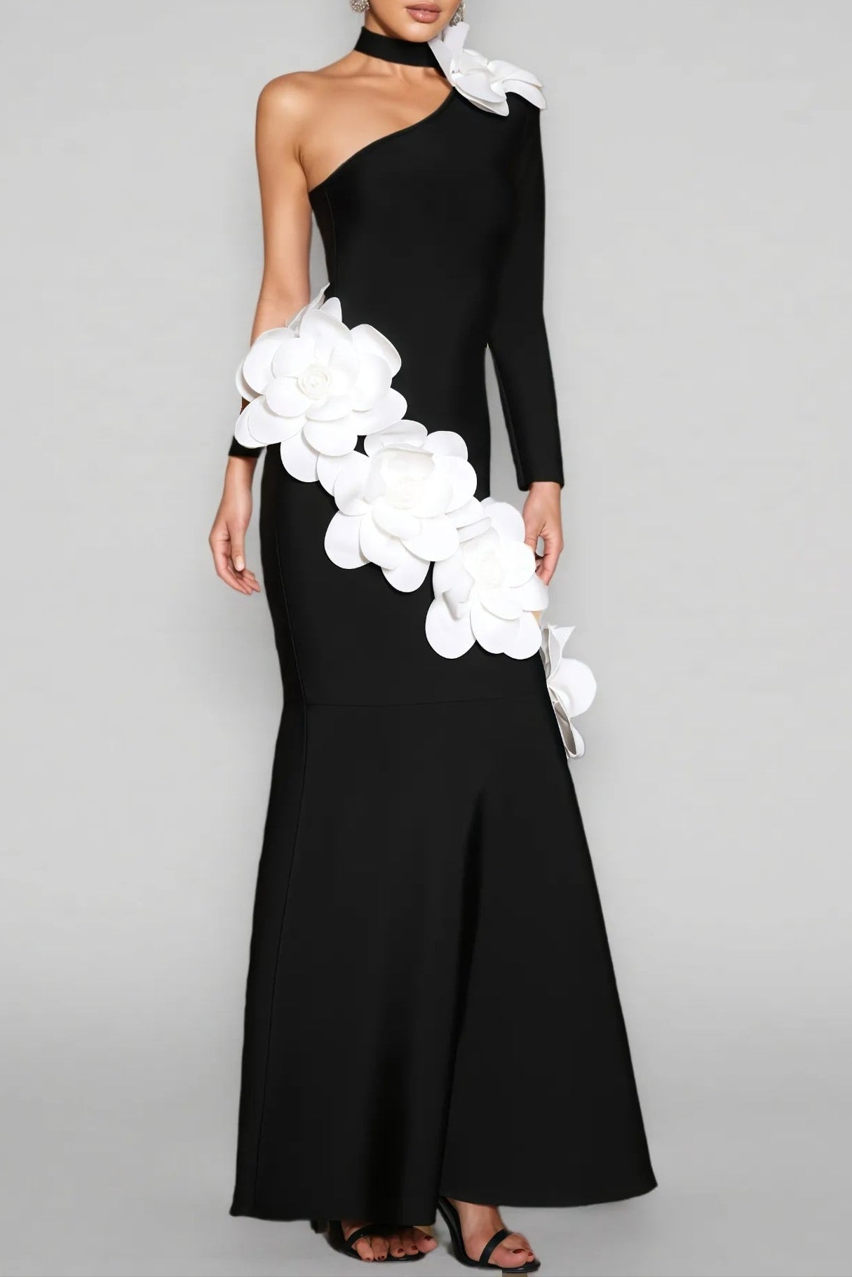 GEMMA ONE SHOULDER 3D FLOWER BANDAGE MAXI DRESS BLACK