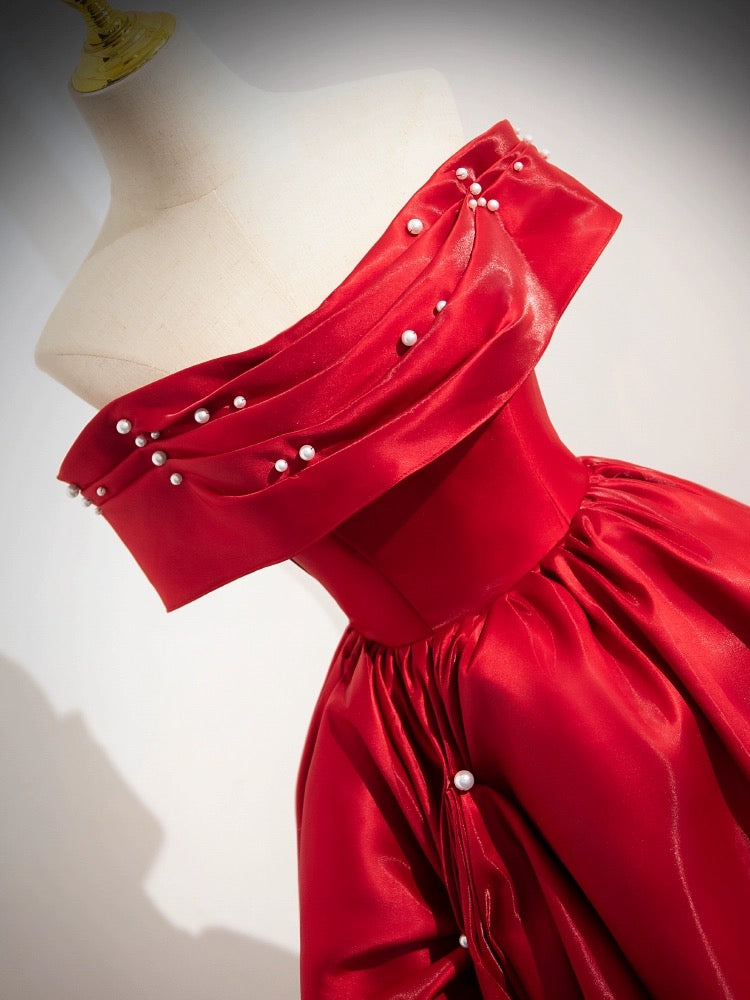 A-LINE OFF-SHOULDER SATIN RED COCKTAIL DRESS