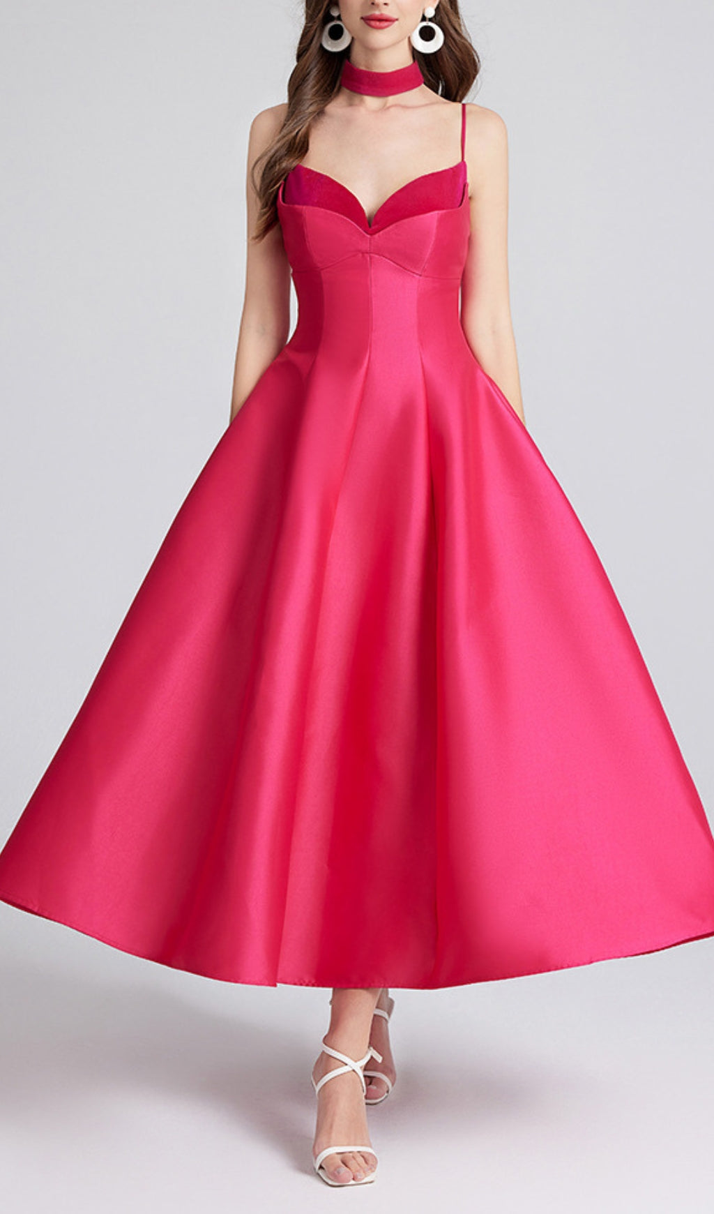 PATCHWORK ROSE RED MIDI DRESS FOR PARTIES