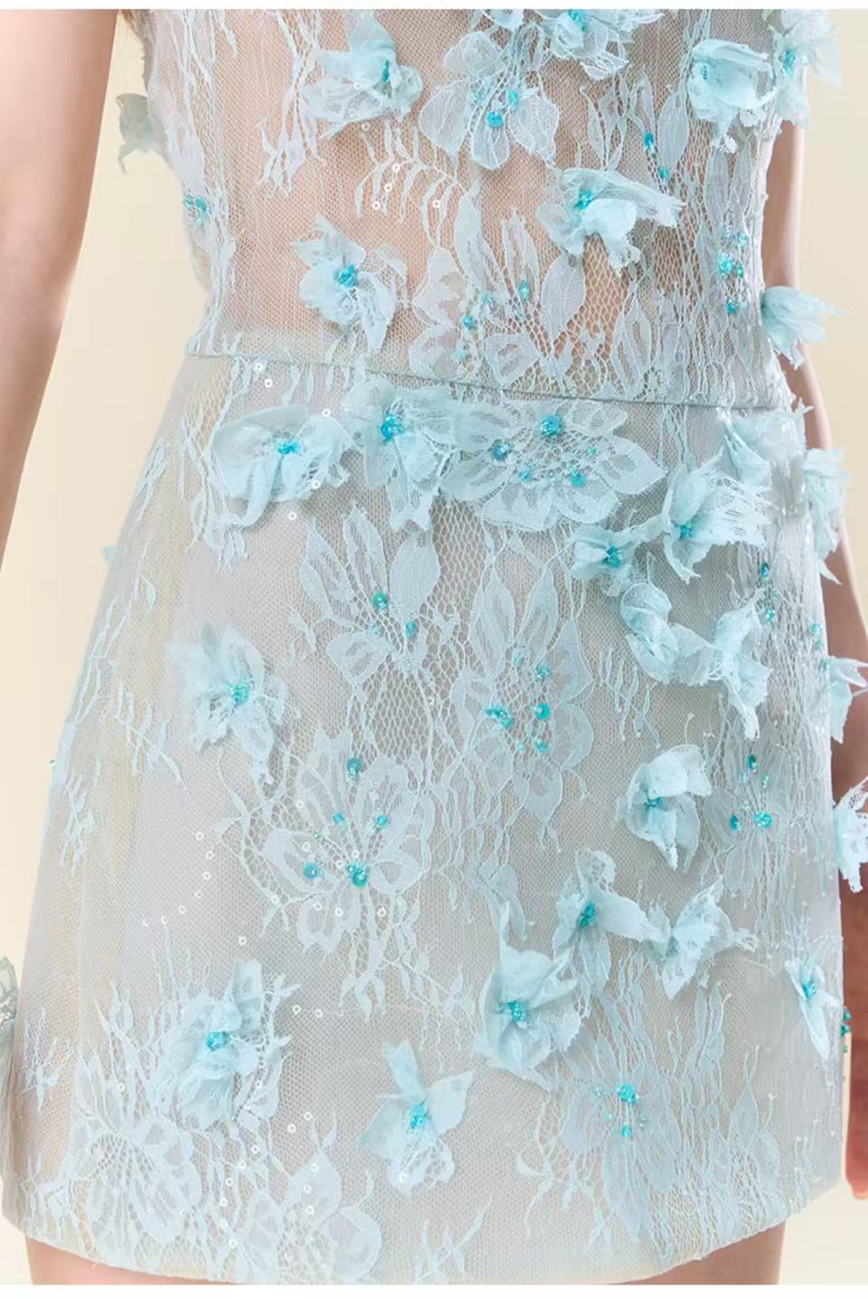 FLORAL LACE BLUE MINI DRESS FOR COCKTAIL PARTY