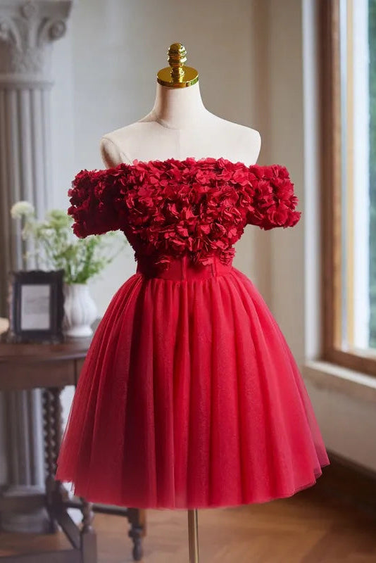 6b79efc9-9428-4975-aecd-ffea96b708af CAROLINE RED 3D APPLIQUES MINI PROM DRESS