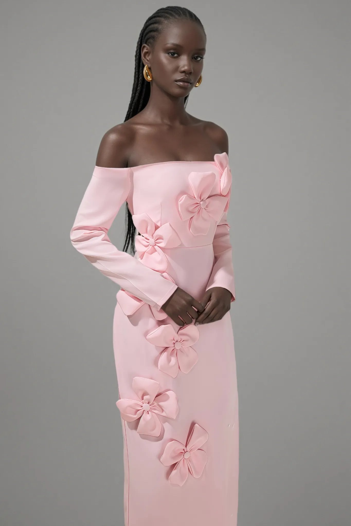 HILARY PINK 3D FLOWER STRAPLESS MIDI DRESS