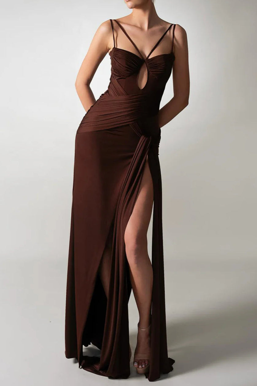 BROWN PLEATED STRAPY DRAPED SLIT MAXI DRESS