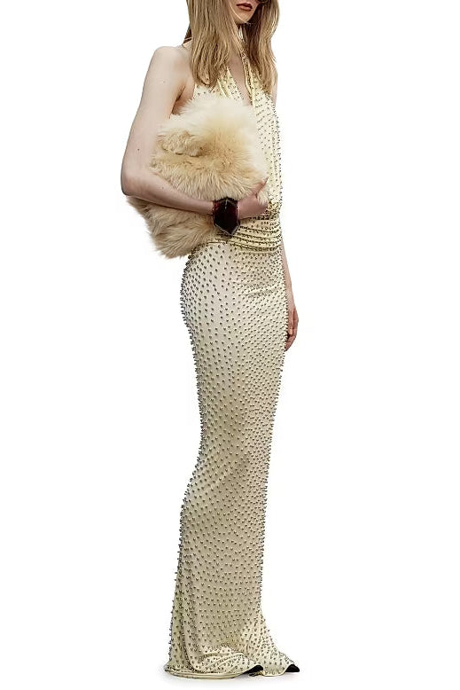 HALTER BACKLESS BEADED MAXI DRESS FOR WEDDING