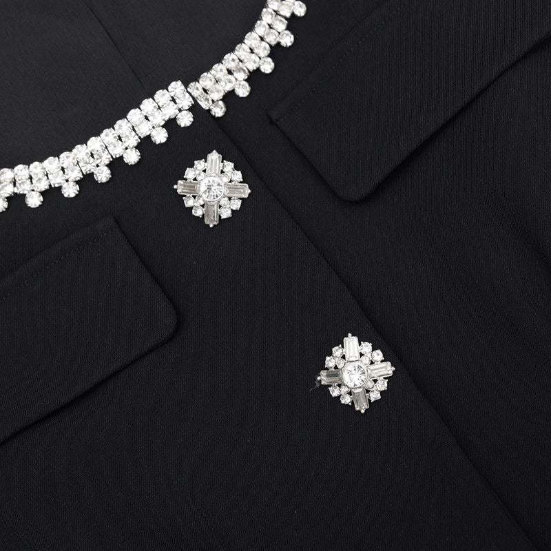 BLACK SQUARE NECK RHINESTONE PLEATED MINI DRESS