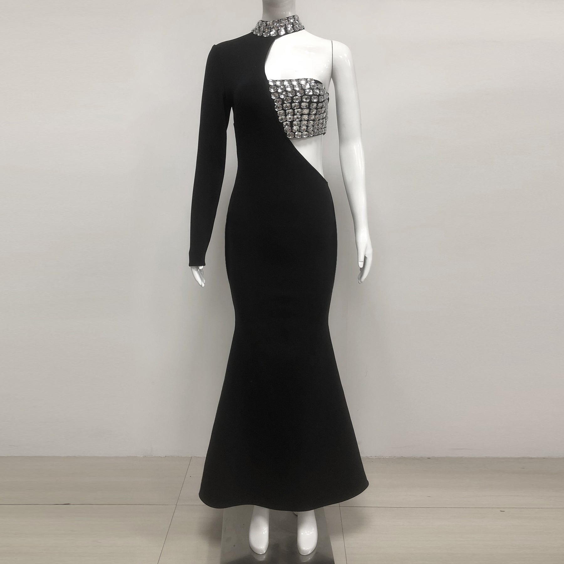 CRYSTAL ONE-SLEEVE CUT-OUT MAXI DRESS, BLACK