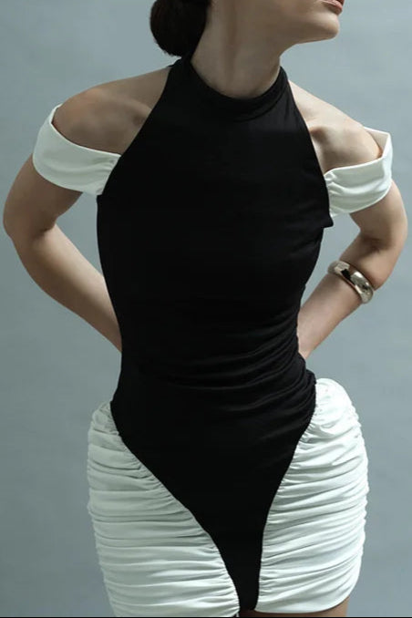 BLACK & WHITE PANEL HALTER MINI DRESS