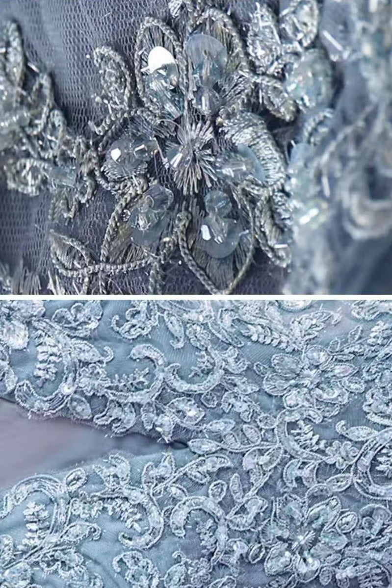 GRAY BLUE SEQUIN MIDI PROM DRESS