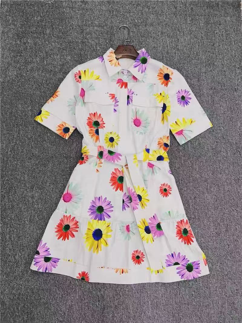 WHITE MULTI DAISY PRINT SHIRT DRESS WITH BELT