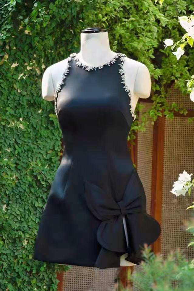 DIAMOND BOW VEST MINI DRESS BLACK