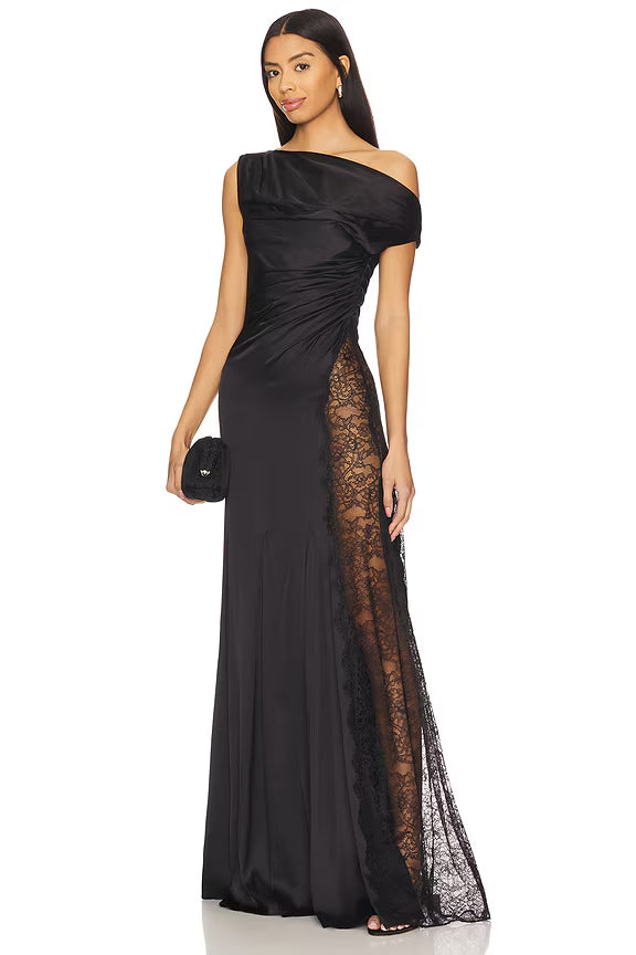 ELEGANT BLACK ASYMMETRICAL PLEATED MAXI DRESS WITH LACE SIDE SLIT