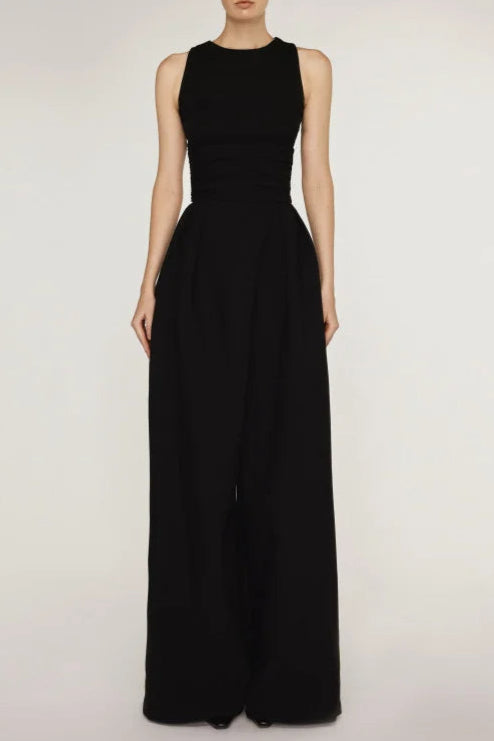 BLACK LONG SKIRT SUIT SET, HIGH WAIST WIDE LEG
