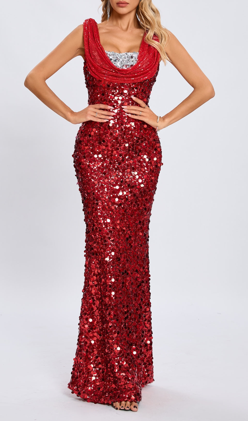 SEQUIN RED MAXI DRESS, SLEEVELESS EVENING GOWN