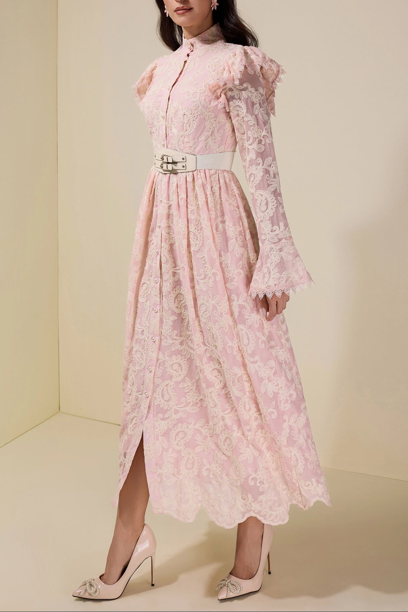 ALMA CHIFFON EMBROIDERED MIDI DRESS, PINK