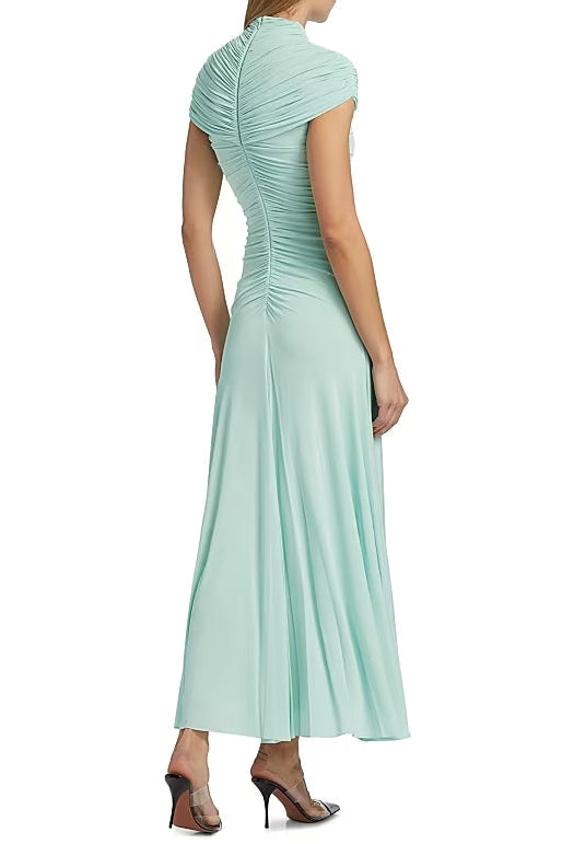LILLIAN GATHERED HIGH-NECK MAXI DRESS IN GREEN