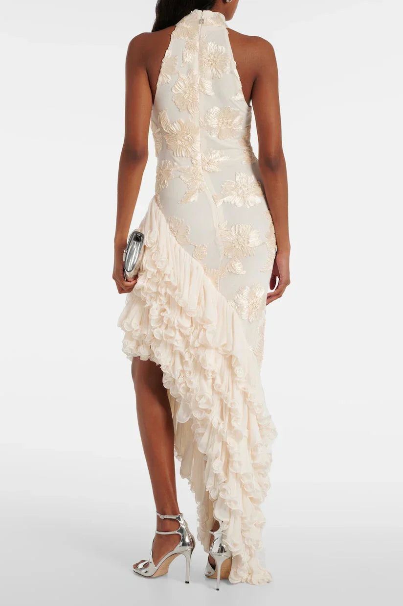 ROBERTA WHITE ASYMMETRIC HALTER MIDI DRESS