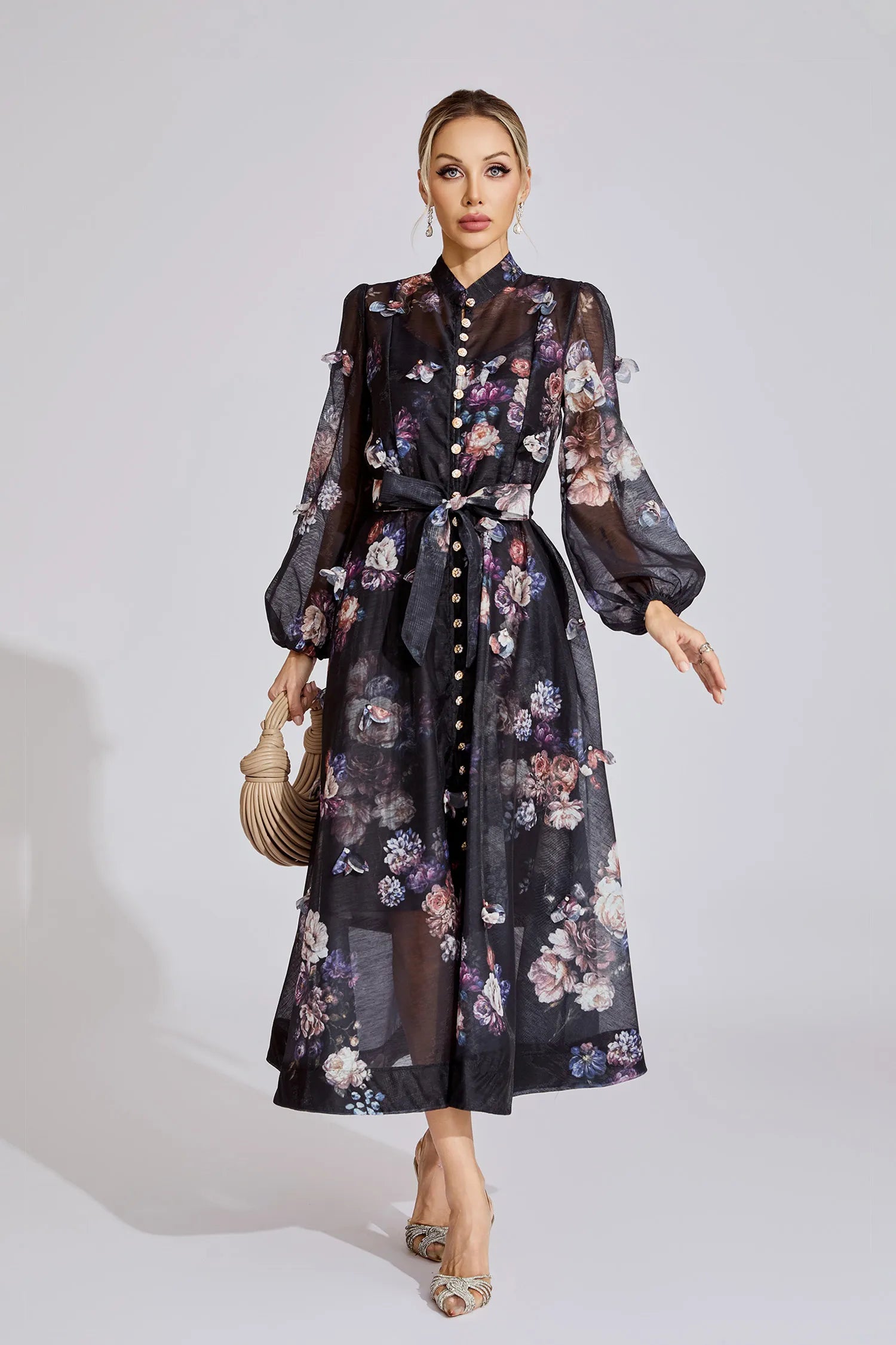 TIFFANY BLACK FLORAL PUFF SLEEVE MAXI DRESS