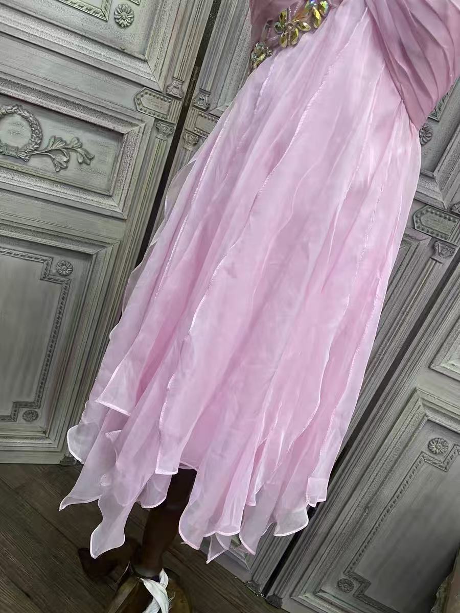 ONE-SHOULDER CRYSTAL CHIFFON PARTY DRESS