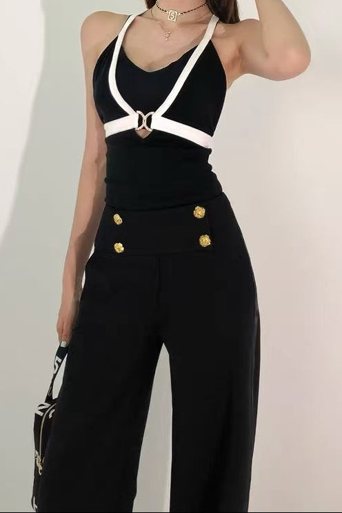 BLACK HALTER TOP & WIDE LEG PANTS SUIT