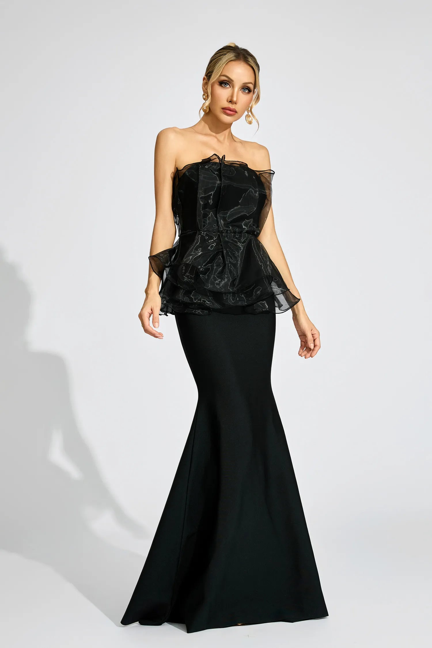 LORRAINE BLACK PEPLUM STRAPLESS MAXI DRESS