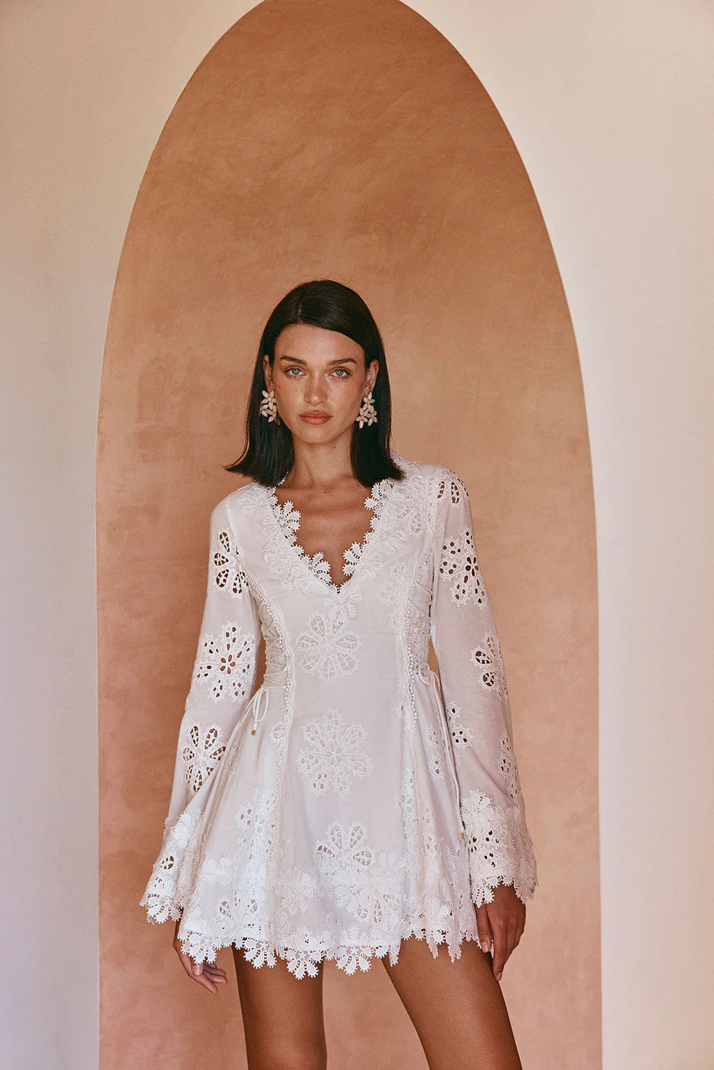 WHITE FLORAL EMBROIDERY HOLLOW MINI DRESS