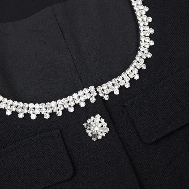 BLACK SQUARE NECK RHINESTONE PLEATED MINI DRESS