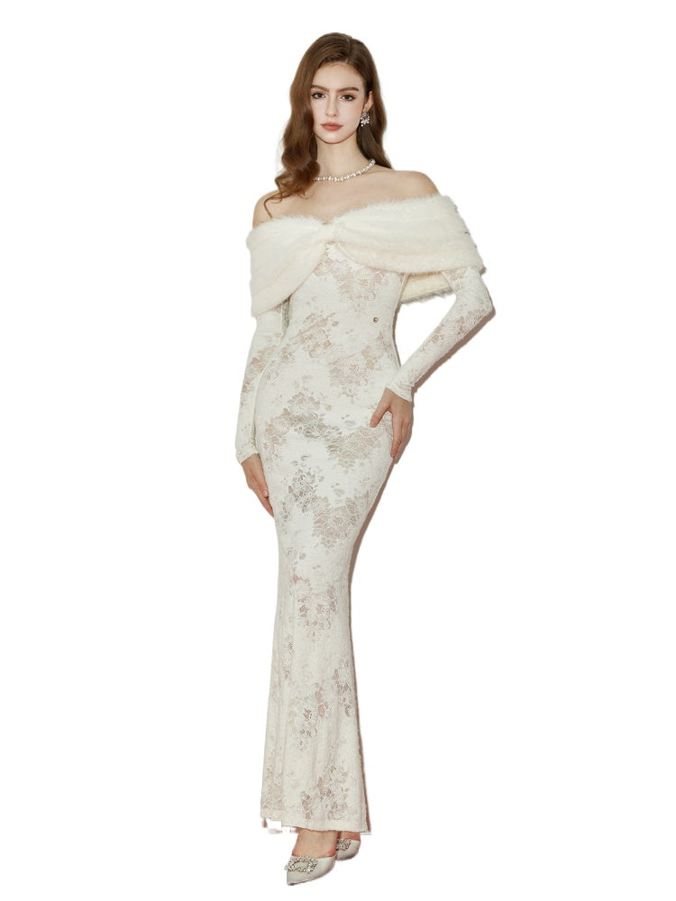 JULIA OFF-SHOULDER FUR COLLAR LACE WHITE MAXI DRESS