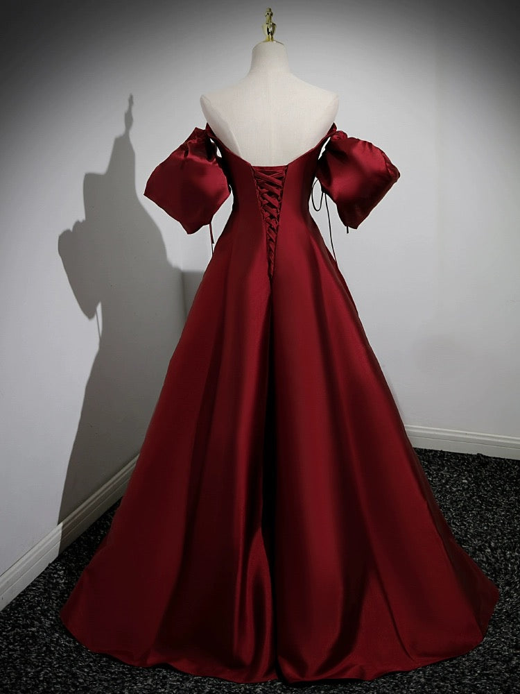 A-LINE PUFF SLEEVE SATIN BURGUNDY COCKTAIL DRESS