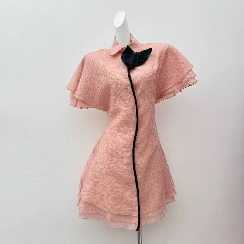 LAYER TRIM CHIFFON SHIRT MINI DRESS PINK