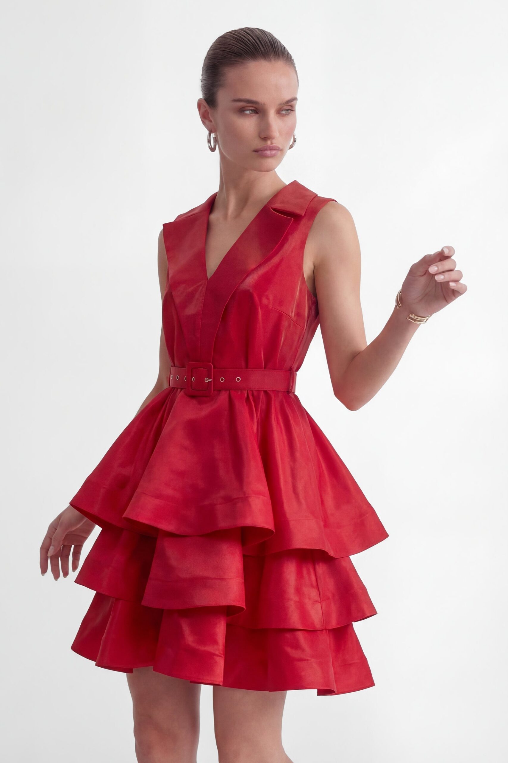 JESSICA RED V-NECK RUFFLE MINI DRESS