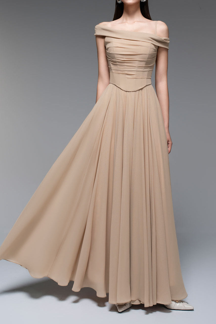A-LINE DRAPED CHIFFON MAXI DRESS NUDE