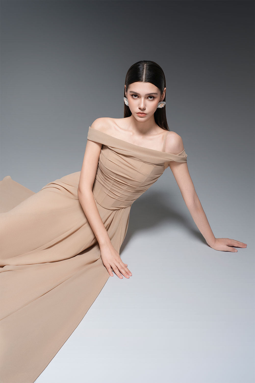 A-LINE DRAPED CHIFFON MAXI DRESS NUDE