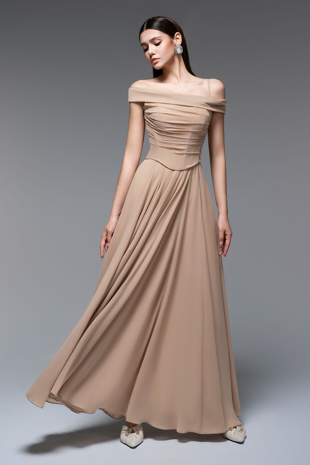 A-LINE DRAPED CHIFFON MAXI DRESS NUDE