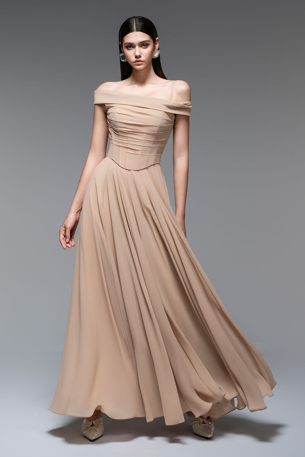 A-LINE DRAPED CHIFFON MAXI DRESS NUDE