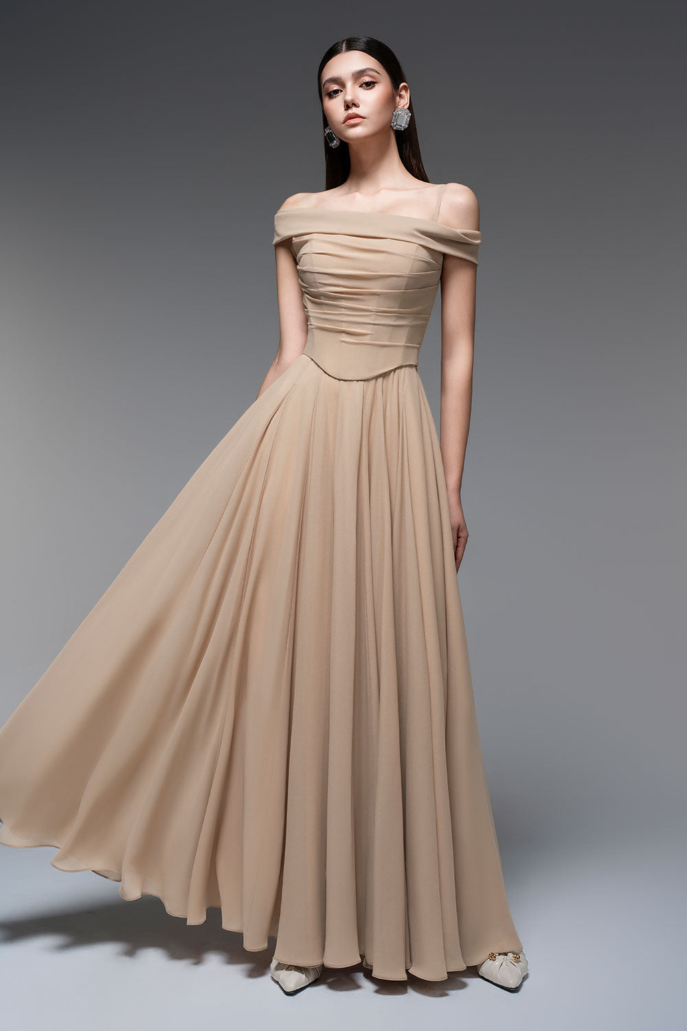 A-LINE DRAPED CHIFFON MAXI DRESS NUDE