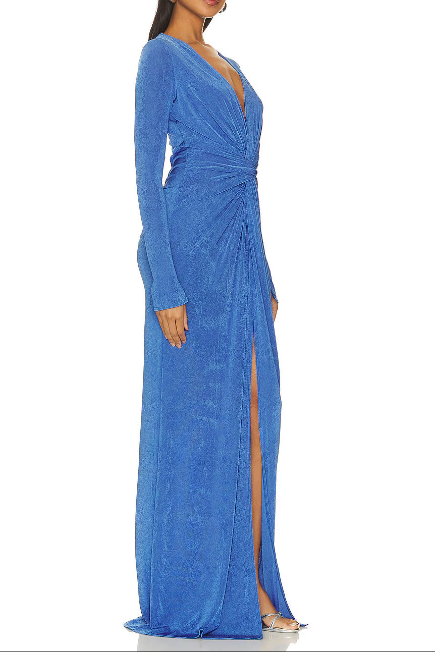 VIRGINIA BLUE PLEATED HIGH SLIT MAXI DRESS