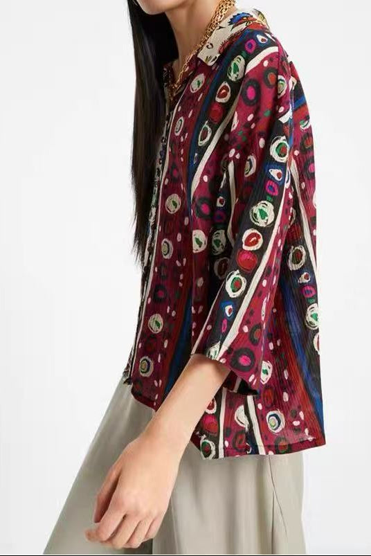 MULTICOLOR FOLK FLORAL PRINT THREE-QUARTER SLEEVE BUTTON-DOWN SHIRT