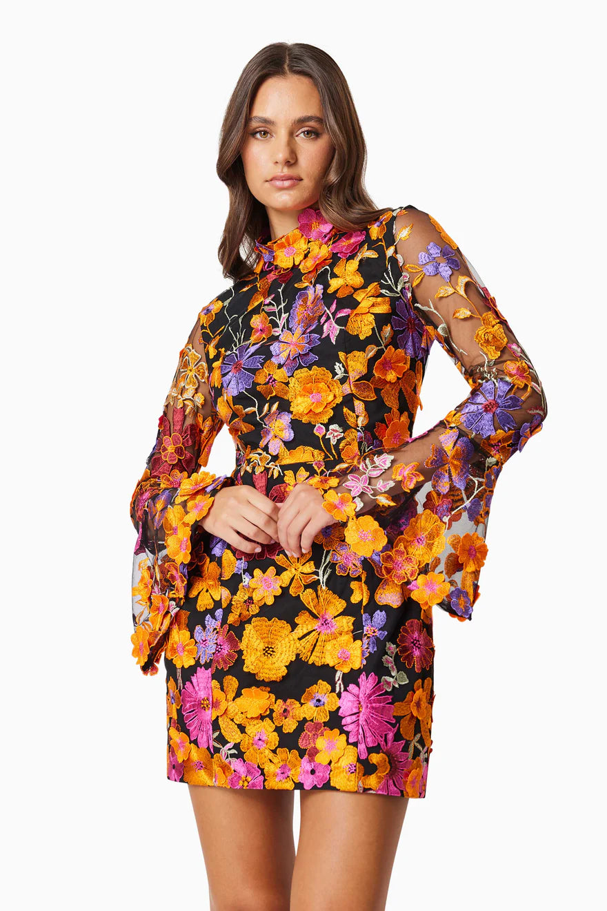 MULTI ORANGE FLORAL EMBROIDERED LONG SLEEVE MINI DRESS