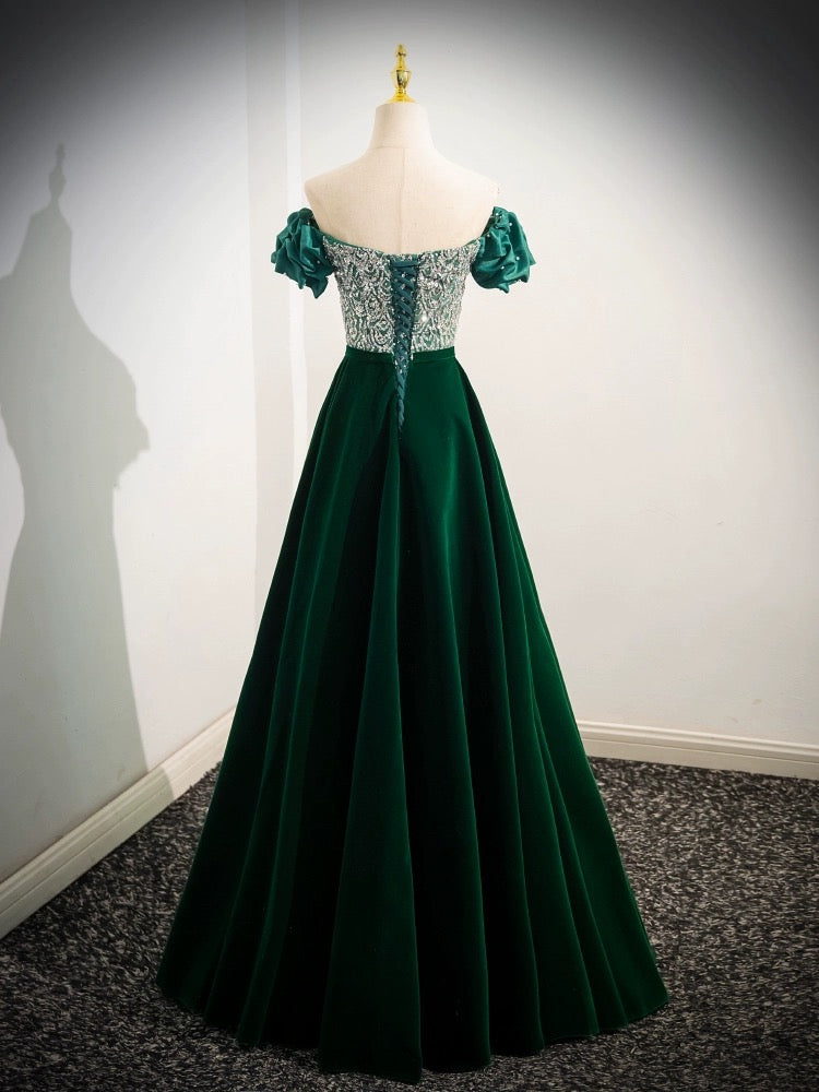 A-LINE VELVET SEQUIN GREEN COCKTAIL DRESS
