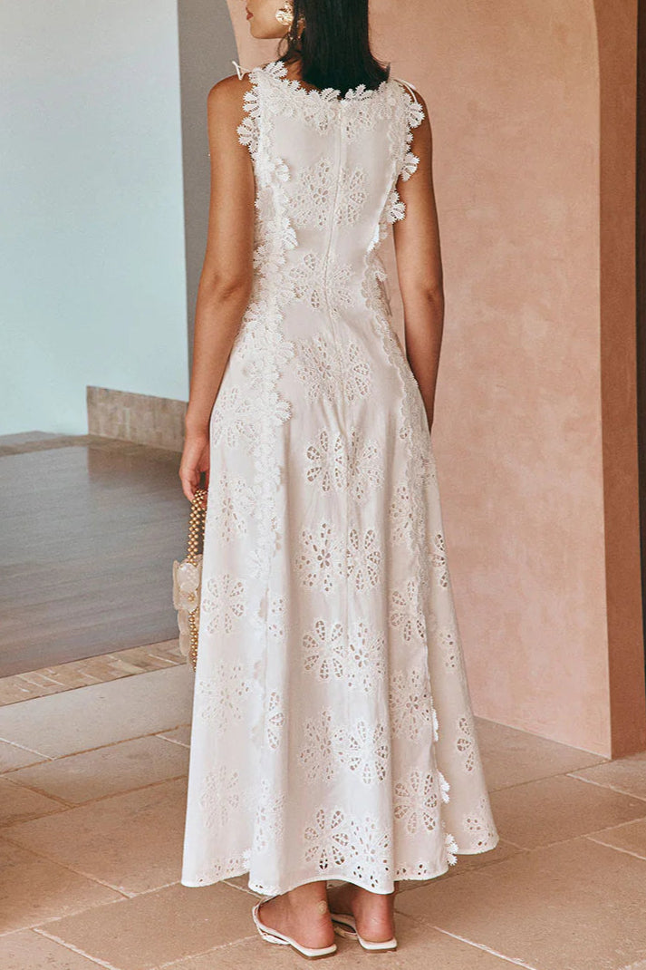 LACE MIDI DRESS: EMBROIDERED HOLLOW WHITE WEDDING